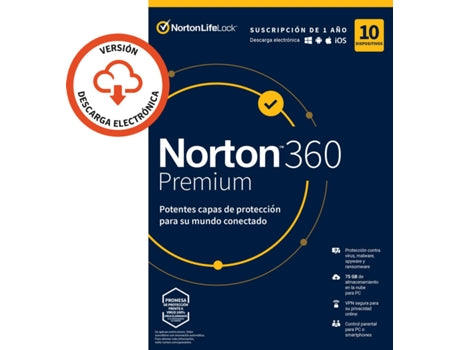 NORTON 360 Premium Software 75GB 10 Devices 1 Year Smartphone PC and Tablet Digital Format