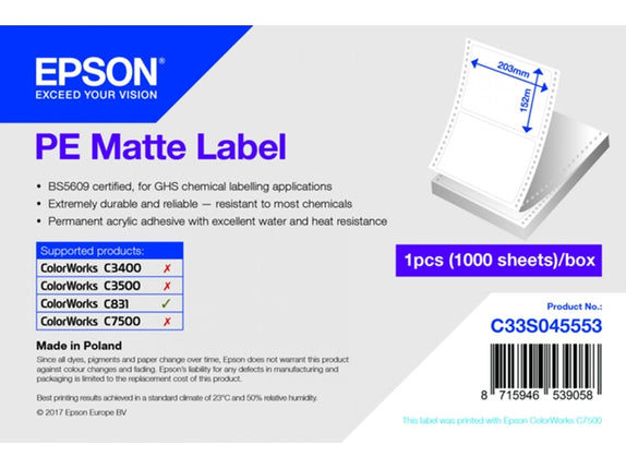 EPSON PE Matte Die-cut Continuous Perforated Label Paper 203mm x 152mm 1000 Labels