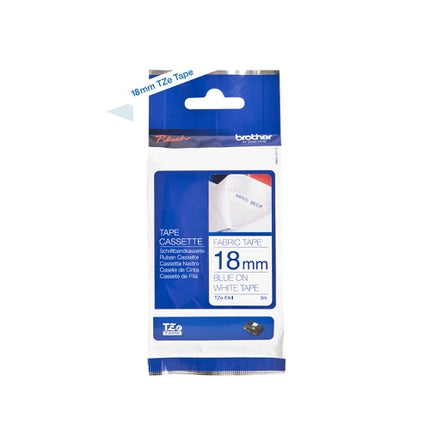 BROTHER TZeFA4 textile tape. Blue text on white background. Width 18 mm. Length 3m for BROTHER PTouch PT series label makers.