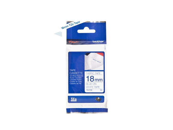 BROTHER TZeFA4 textile tape. Blue text on white background. Width 18 mm. Length 3m for BROTHER PTouch PT series label makers.